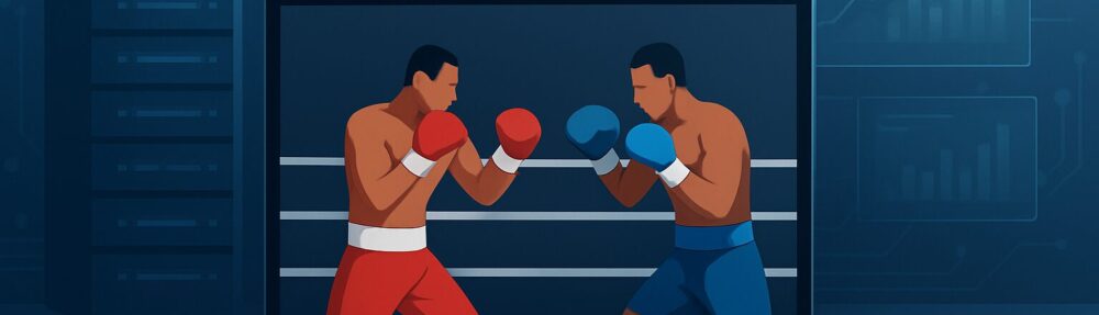 Illustration of two boxers fighting on a laptop screen with a tech background