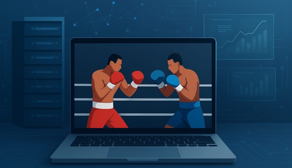 Illustration of two boxers fighting on a laptop screen with a tech background