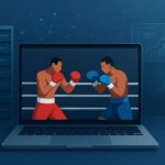 Illustration of two boxers fighting on a laptop screen with a tech background
