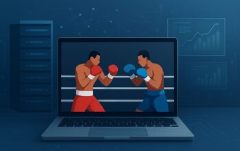 Illustration of two boxers fighting on a laptop screen with a tech background