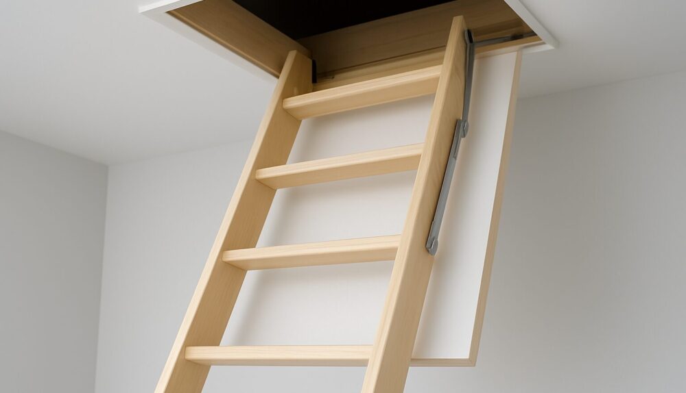 Compact wooden loft access ladder extending into an open ceiling hatch